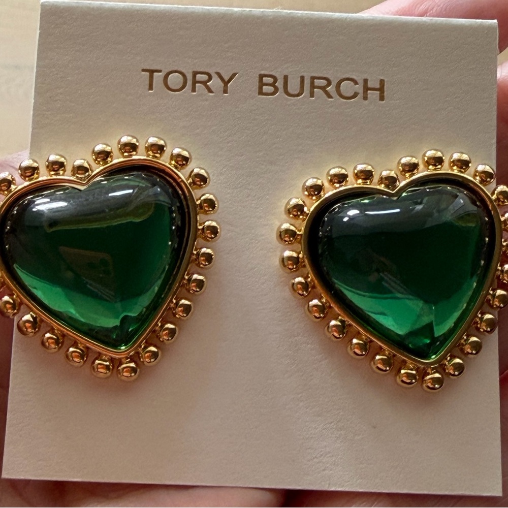 Tory Burch Green and Gold Heart logo stud  Earrings - Picture 9 of 9